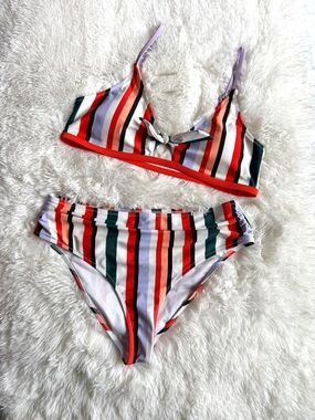 Striped V-Neck Bikini Set in Red, Green & Purple - Women Swim Bikinis
